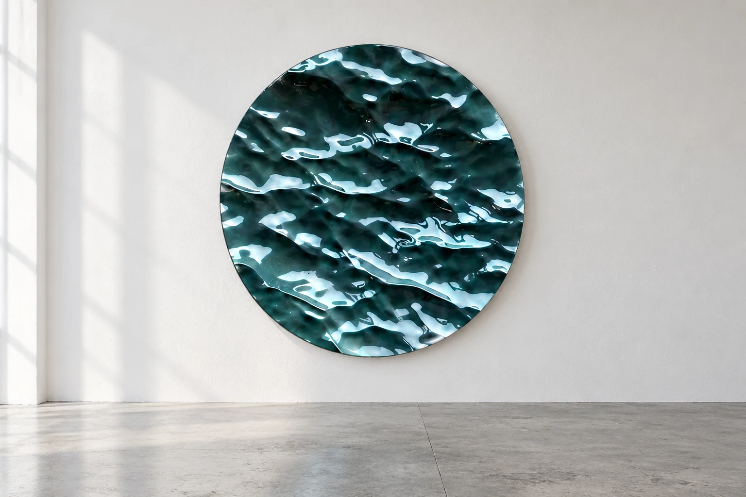 Rippled disc in petrol, against a white wall above a grey concrete floor